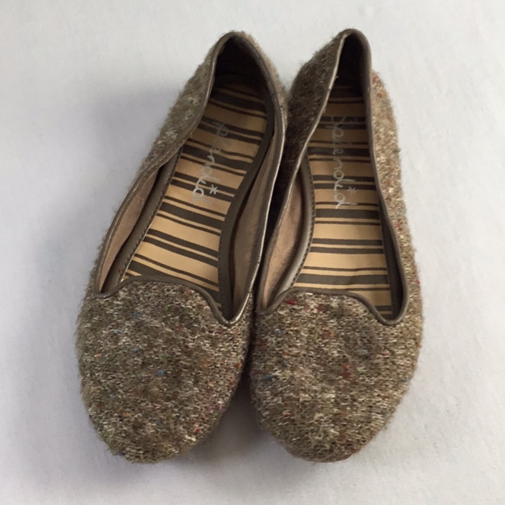 Ballet Flats Preppy Cottage Style Light Brown Tweed Fabric Size 8